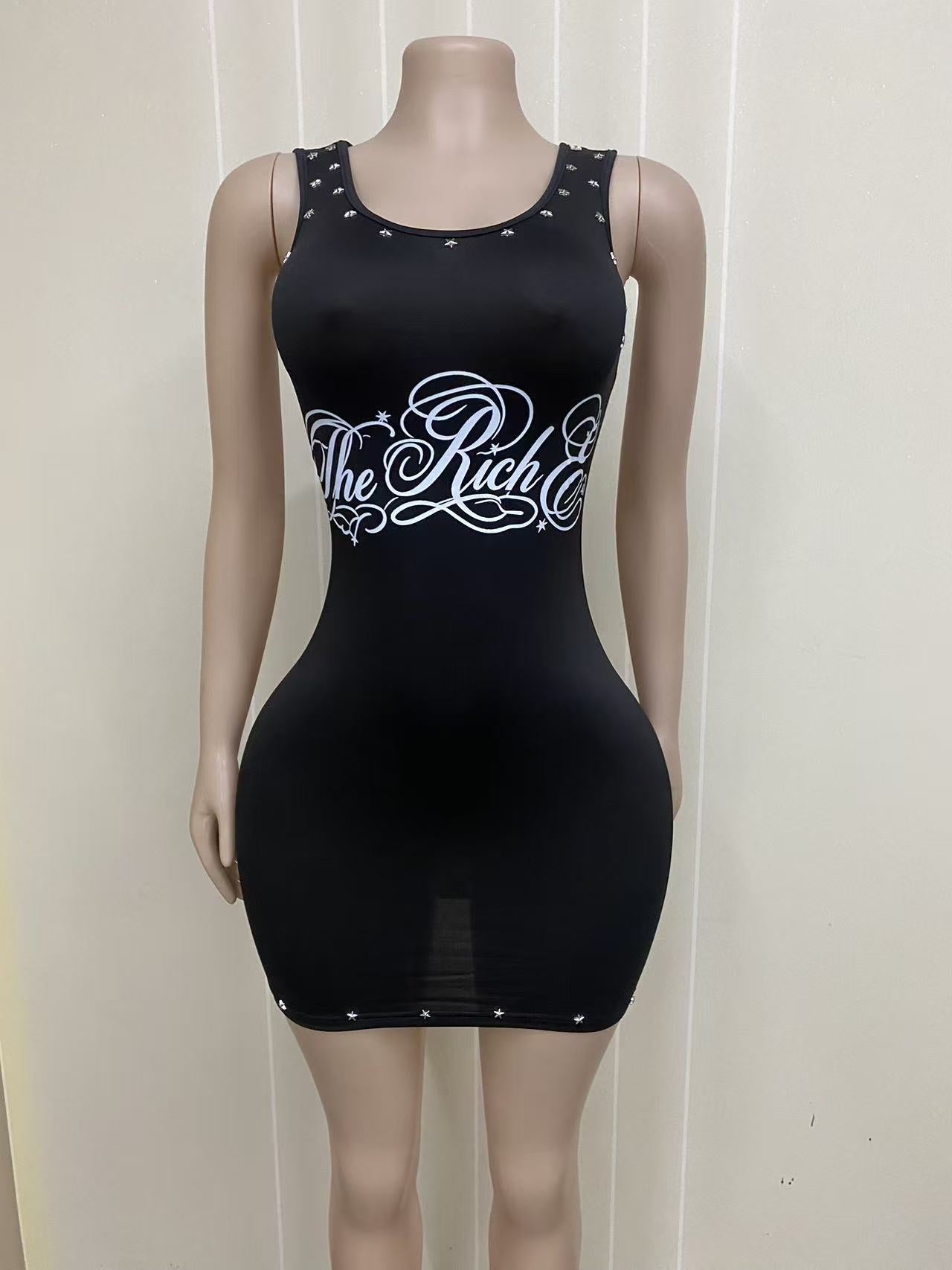Graphic Metal Stud Tank Bodycon Mini Dress Women Punk Streetwear