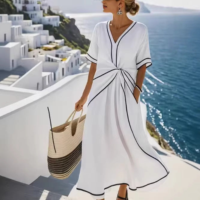 Women Boho V Neck Twist Front Trim Loose Linen Beach Maxi Dress