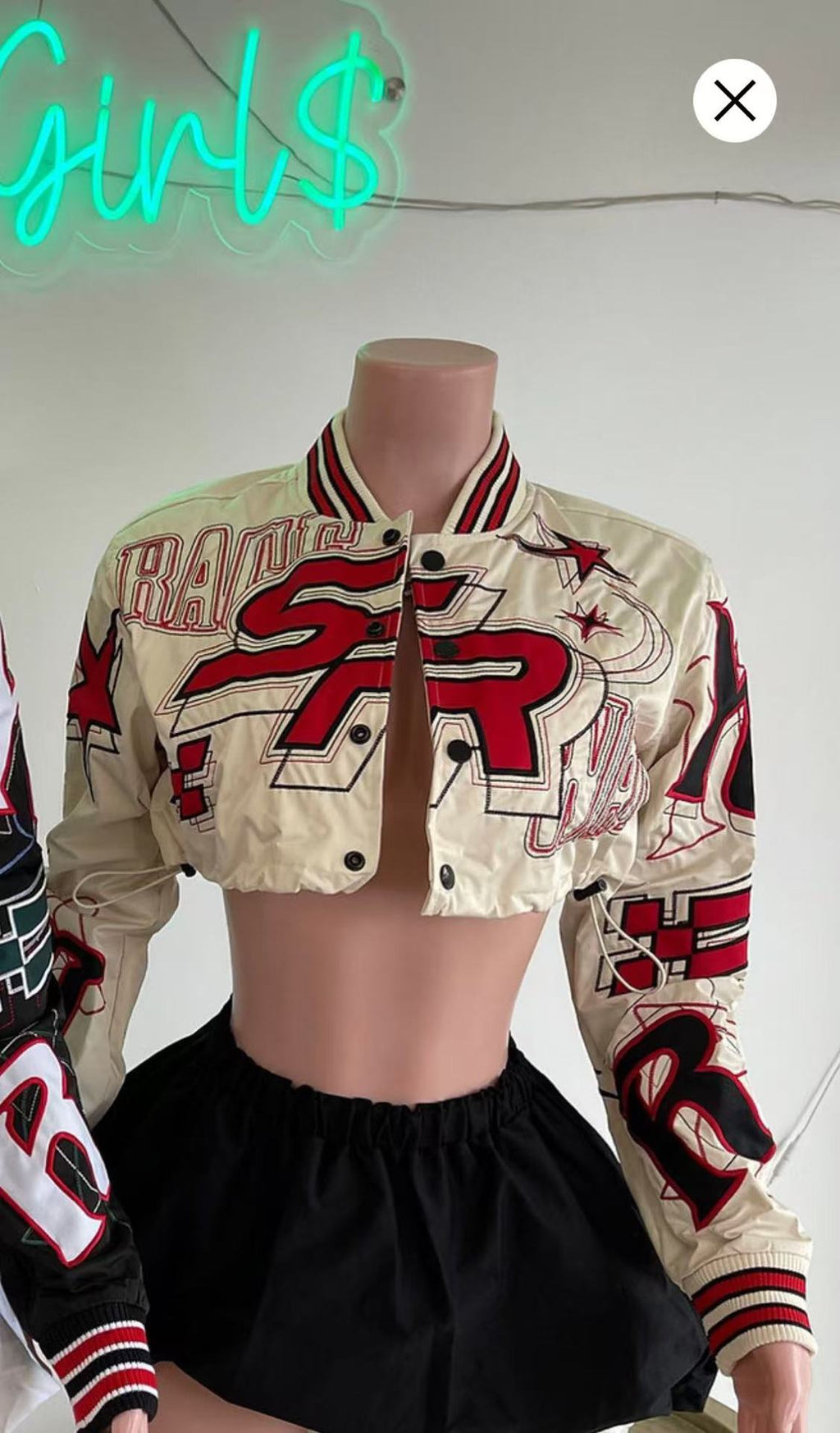 Embroidered Cropped Varsity Jacket Women Long Sleeve Baseball Coat