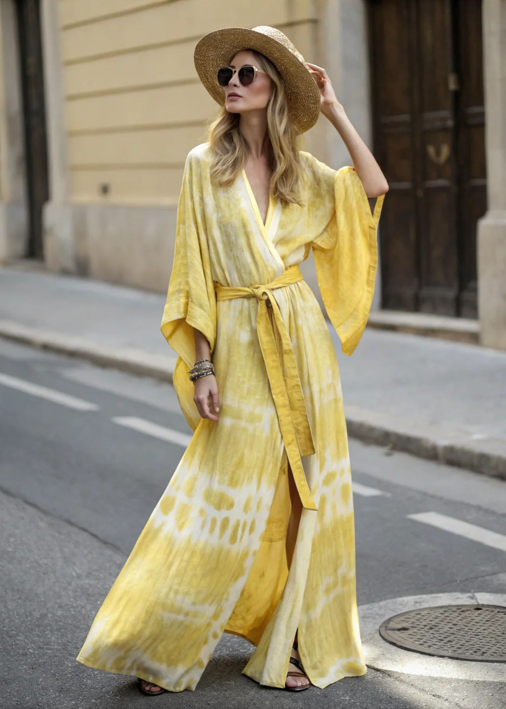 Boho Striped Belted Kaftan Maxi Beach Cover Up