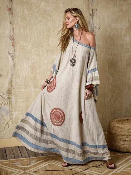 Women Boho Diagonal Striped Off Shoulder Loose Kaftan Maxi Beach Dress