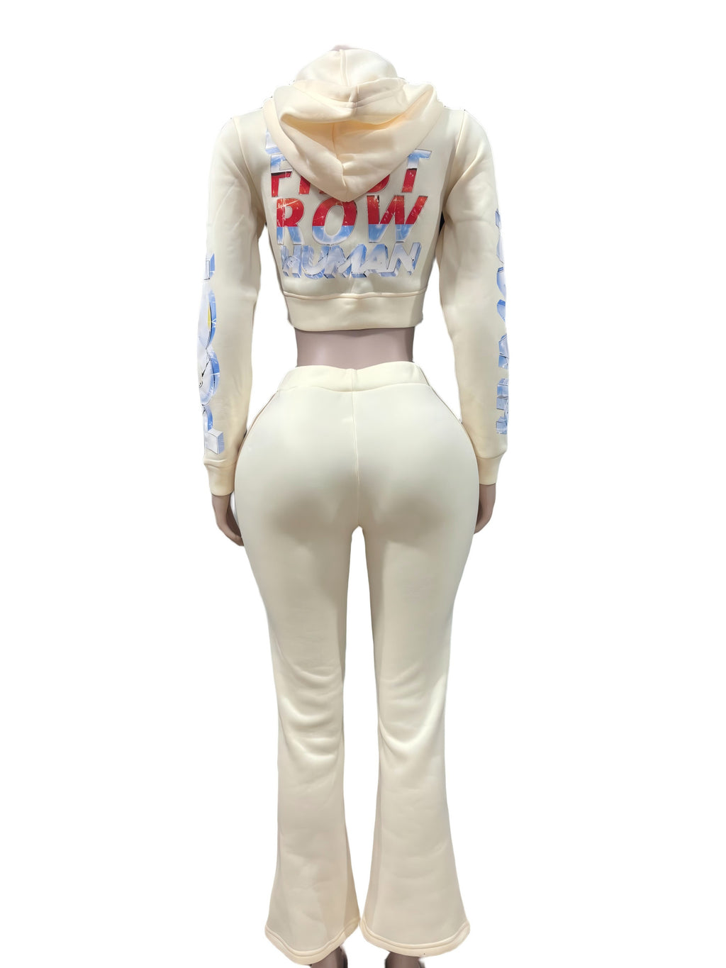 First Row Post Human New Born Zip Crop Hoodie Flare Jogger 2 Piece Set Women