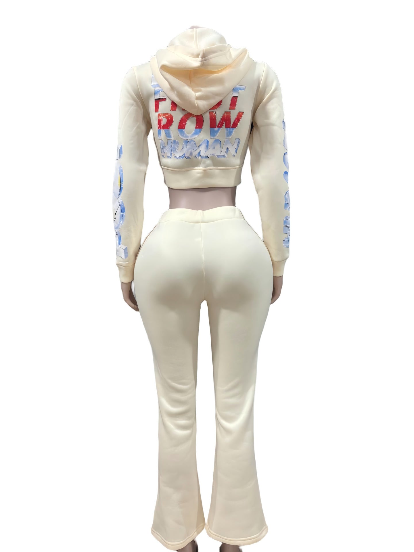 First Row Post Human New Born Zip Crop Hoodie Flare Jogger 2 Piece Set Women