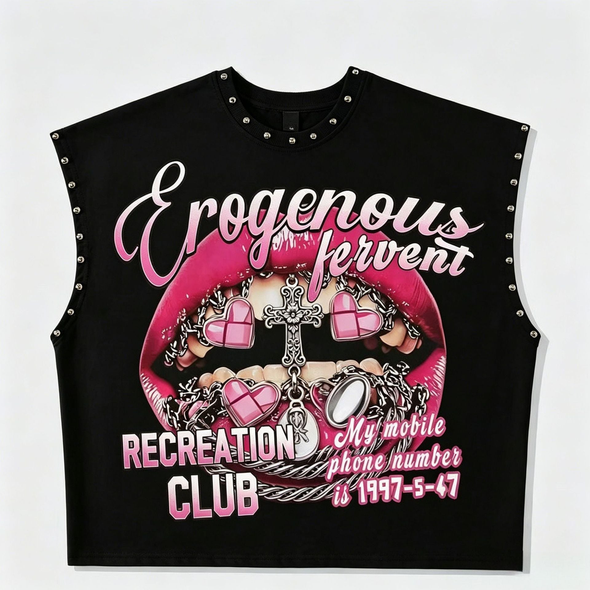 Vintage Multi Graphic Rivet Sleeveless Crop Tank Top
