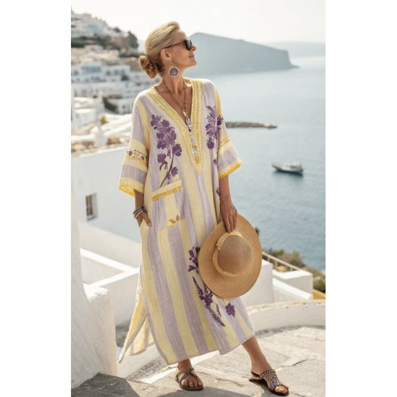 Women Boho Striped Embroidery V Neck Loose Kaftan Maxi Beach Dress