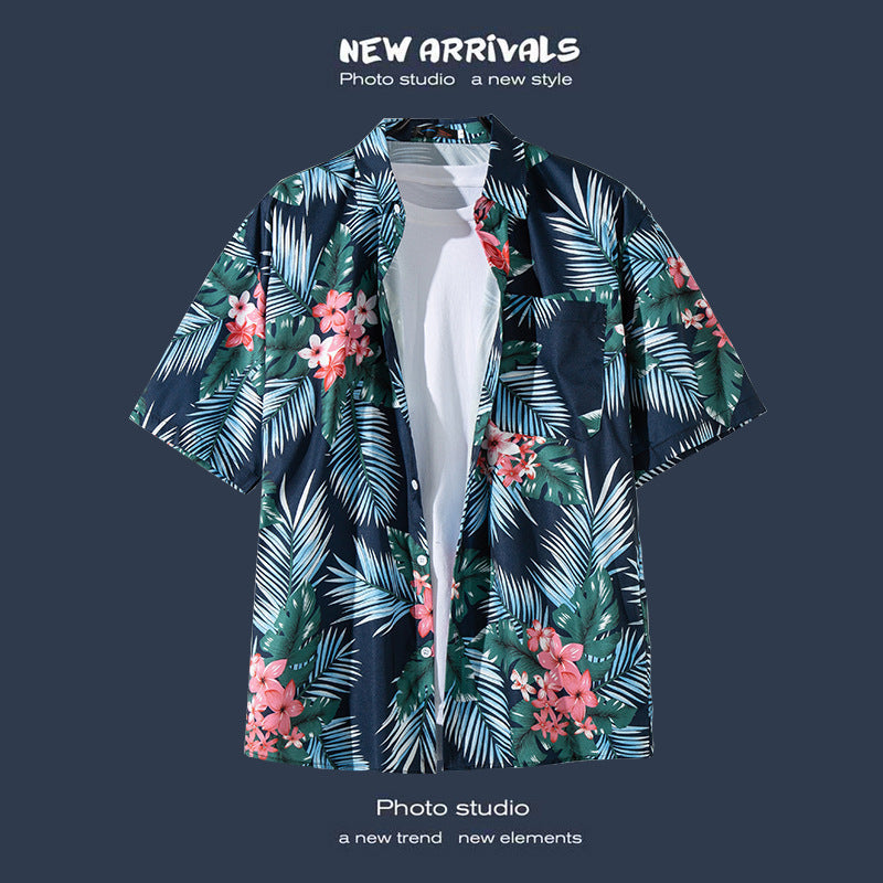 Mens Vintage Tropical Hawaiian Floral Loose Short Sleeve Beach Shirt