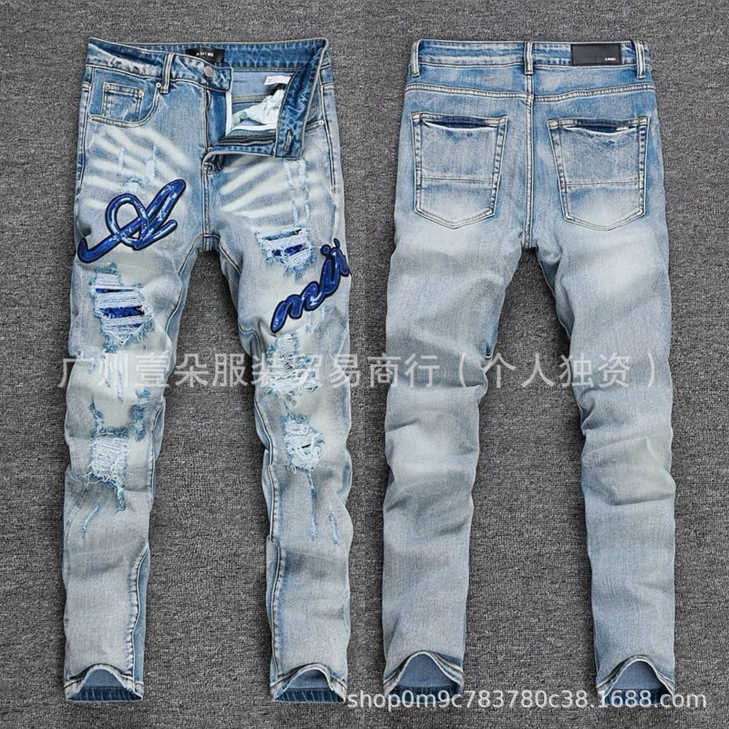 Amiri Patch Distressed Paint‑Splash Slim Fit Denim Jeans Unisex