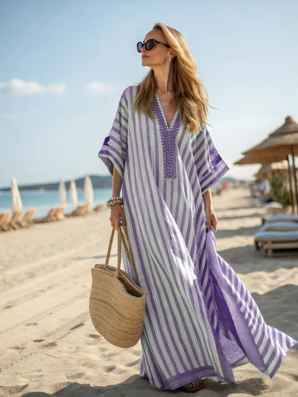Women Boho Abstract Print V Neck Batwing Loose Kaftan Maxi Beach Dress