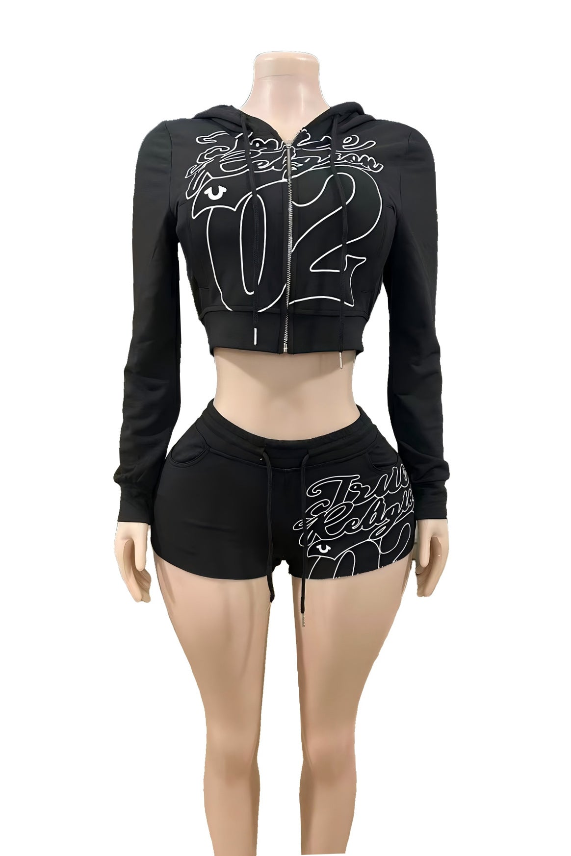 True Religion Graphic Zip Crop Hoodie Short Tracksuit Set