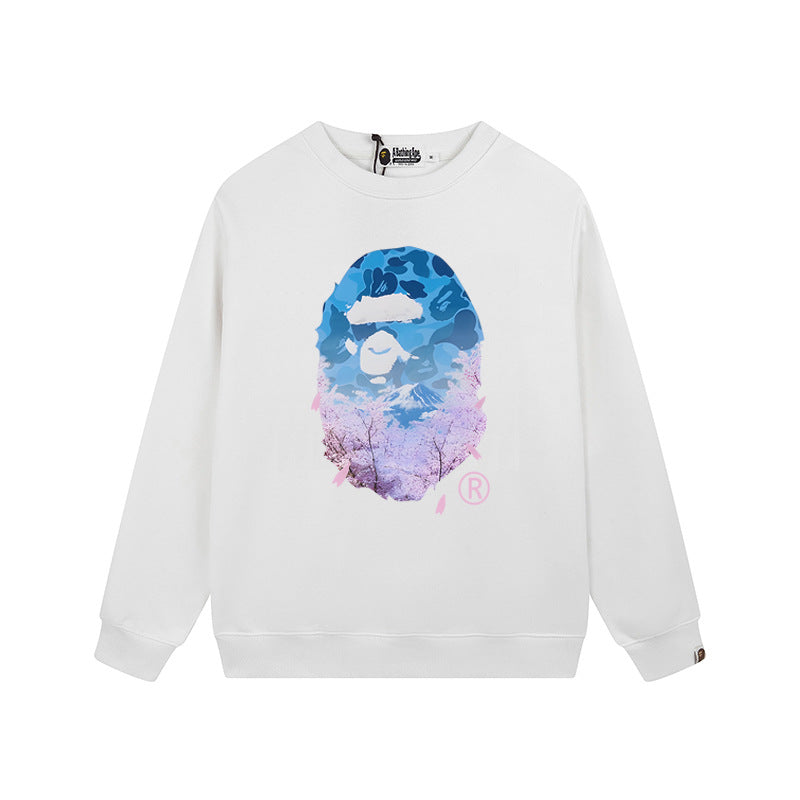 Bape Arch Letter Shark Ape Head Washed Oversized Crewneck Streetwear