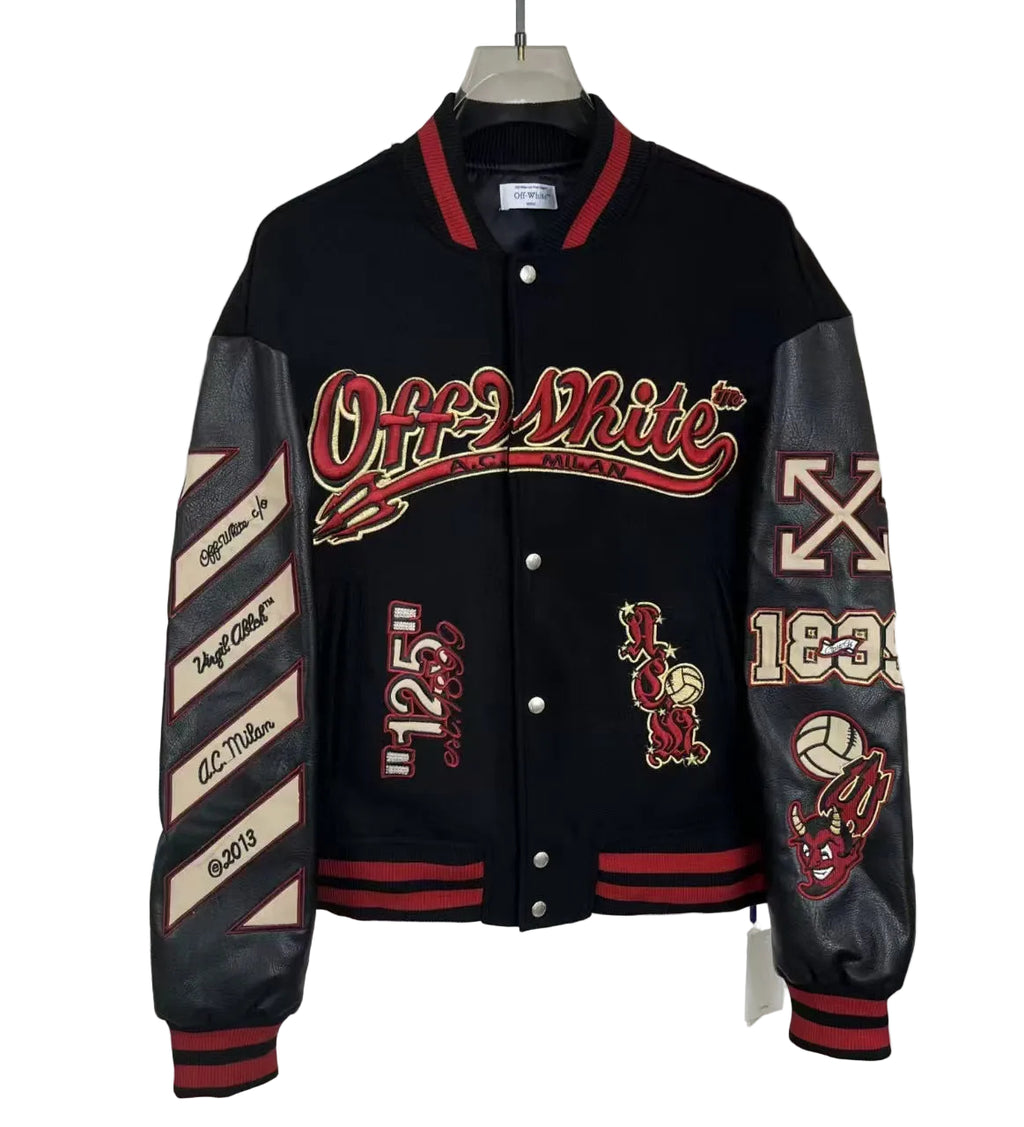 Off White Cartoon Devil Graphic Varsity Jacket Unisex