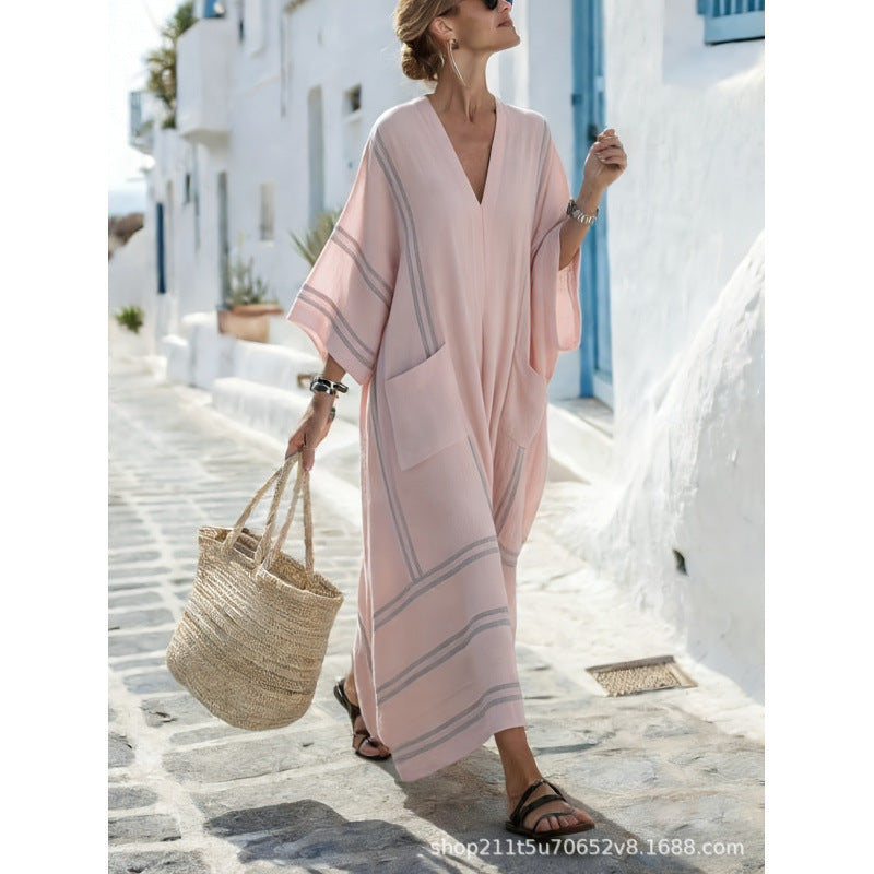 Women Boho Border Print V Neck Loose Kaftan Maxi Beach Dress