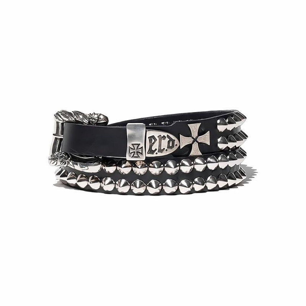 ERD Punk Double Stud Cross Vintage Cow Leather Belt Streetwear Unisex