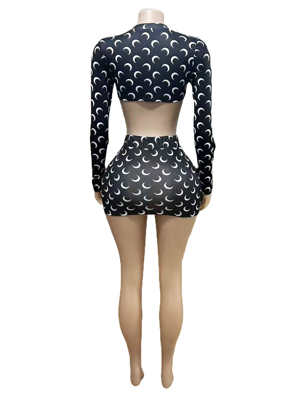 Marine Serre Moon Print Long Sleeve Crop Top Mini Skirt 2 Piece Set Women