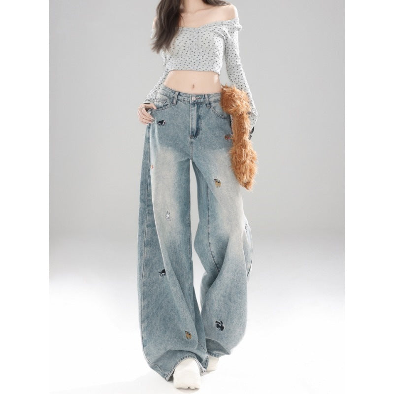 Light Blue Puppy Embroidered Wide Leg Denim High Waist Loose Trousers