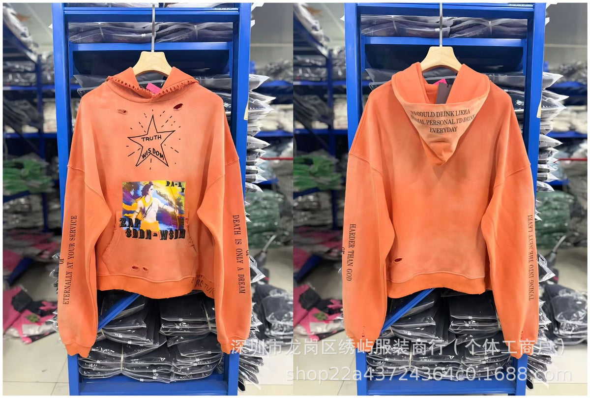 Paly Hollywood Cartoon Letter Hoodie Vintage Wash Graphic Streetwear
