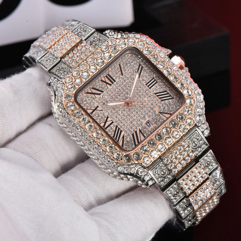 Iced Out Square Roman Numeral Quartz Watch