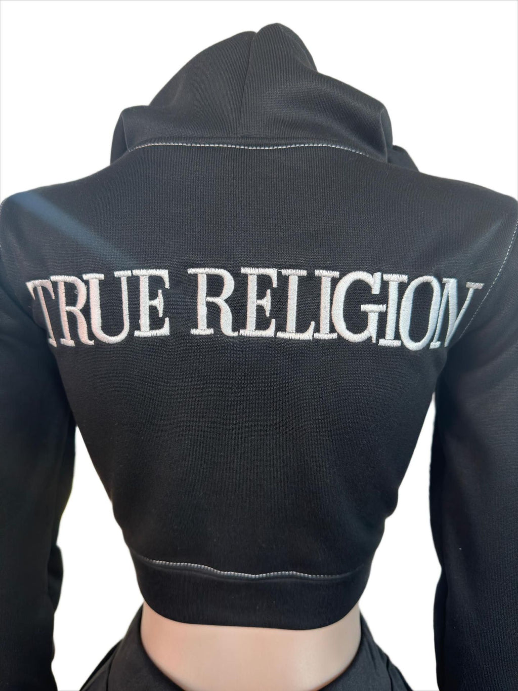 Y2K True Religion Contrast Stitch Embroidery Crop Hoodie 2 Piece Set