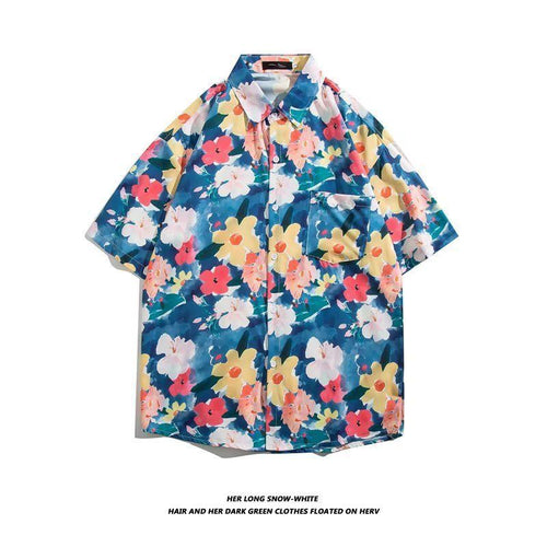 Mens Vintage Cartoon Tropical Print Short Sleeve Beach Shirt