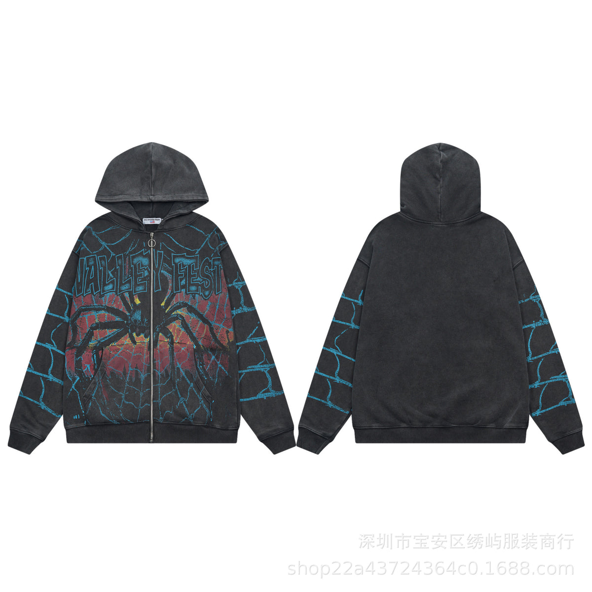 Valley Dreams Graphic Zip Up Hoodie Rhinestone Vintage Street Jacket