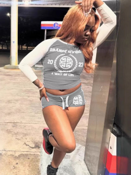Dranoe Division Letter Print Raglan Crop Top Shorts 2 Piece Set Women
