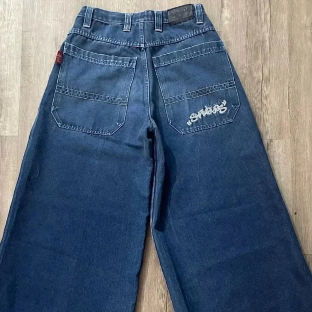 JNCO Style Y2K Baggy Jeans Drachen- & Poker-Stickerei Streetwear Denim-Hose