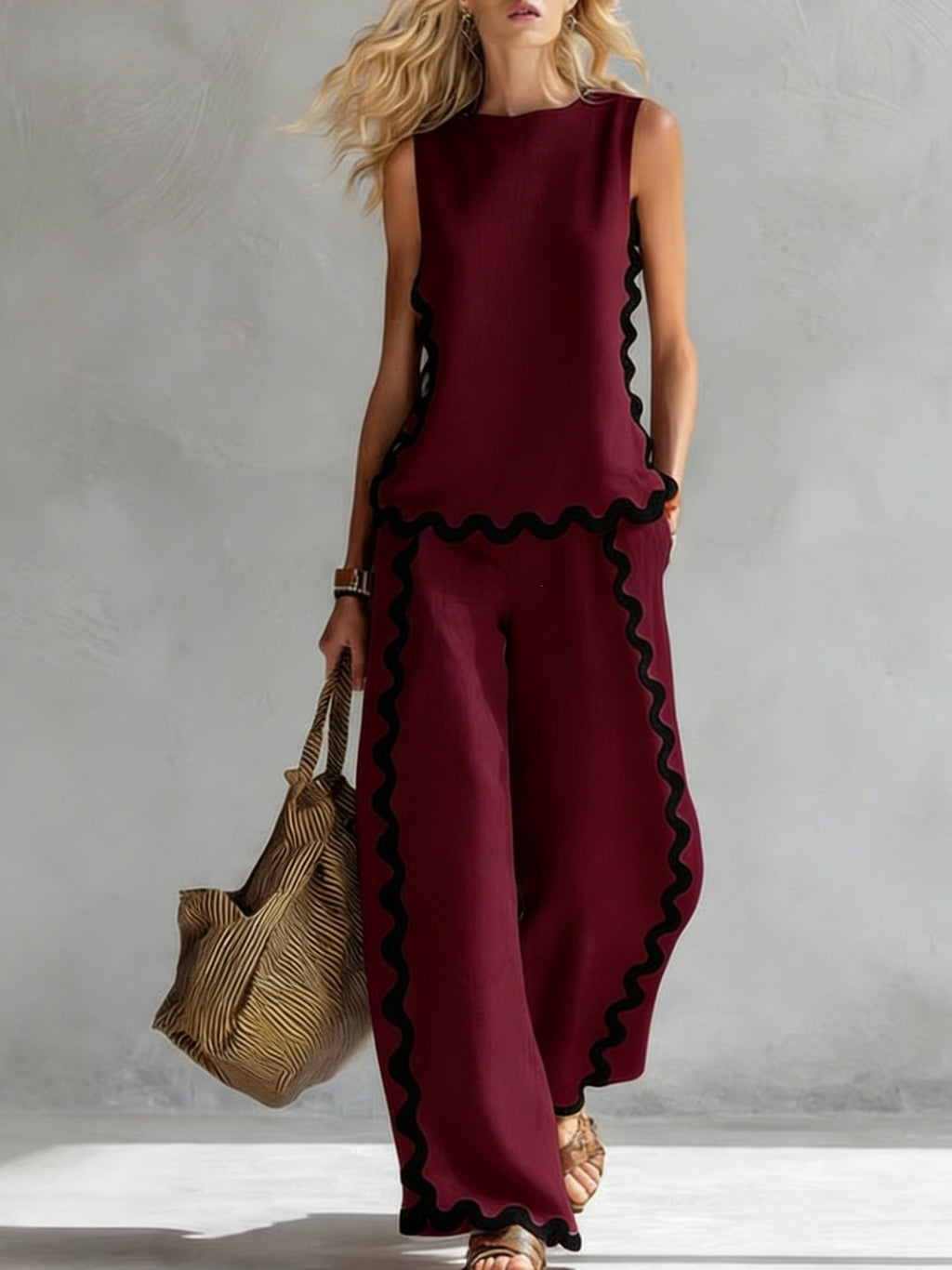 Boho Floral Trim Sleeveless Wide Leg Two Piece Set