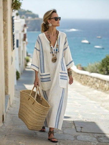 Women Boho V Neck Patch Pocket Print Loose Kaftan Maxi Beach Dress