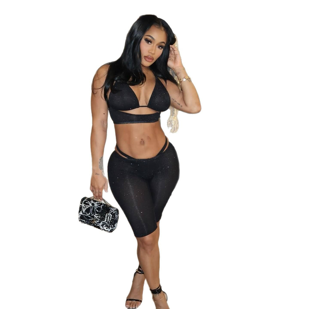 Y2K Glitter Mesh Tank Top Capri Leggings 2 Piece Set