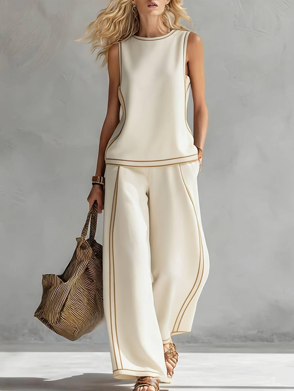 Boho Floral Trim Sleeveless Wide Leg Two Piece Set