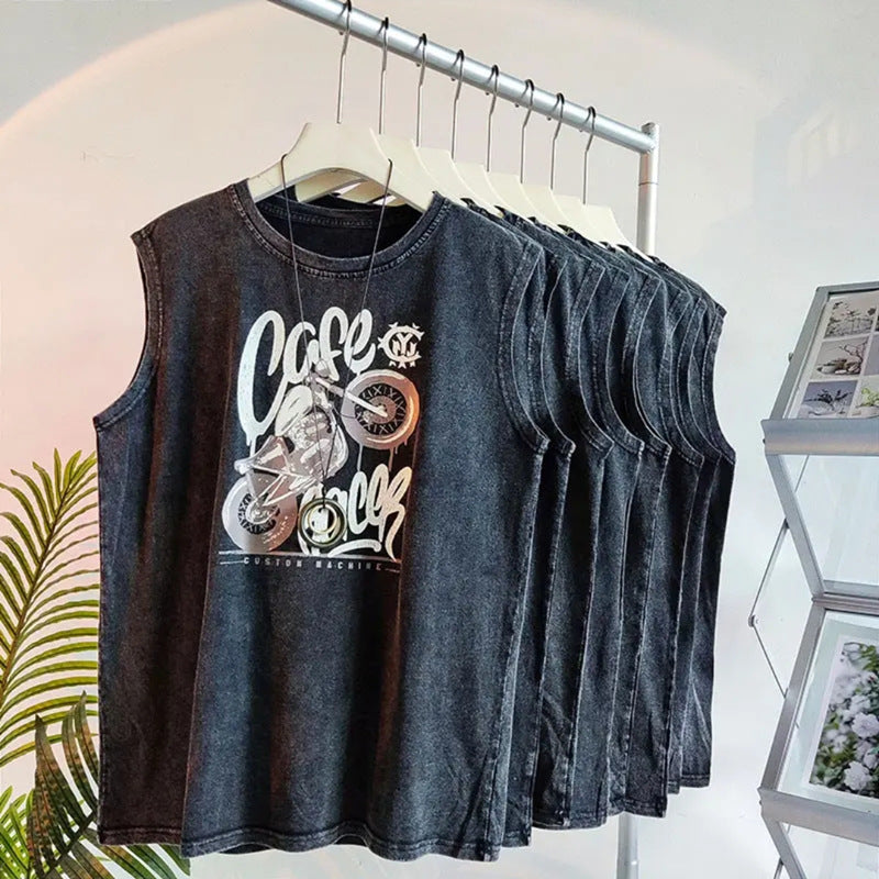 Vintage Washed Mens Tank Top Loose Graphic Summer Sleeveless Vest