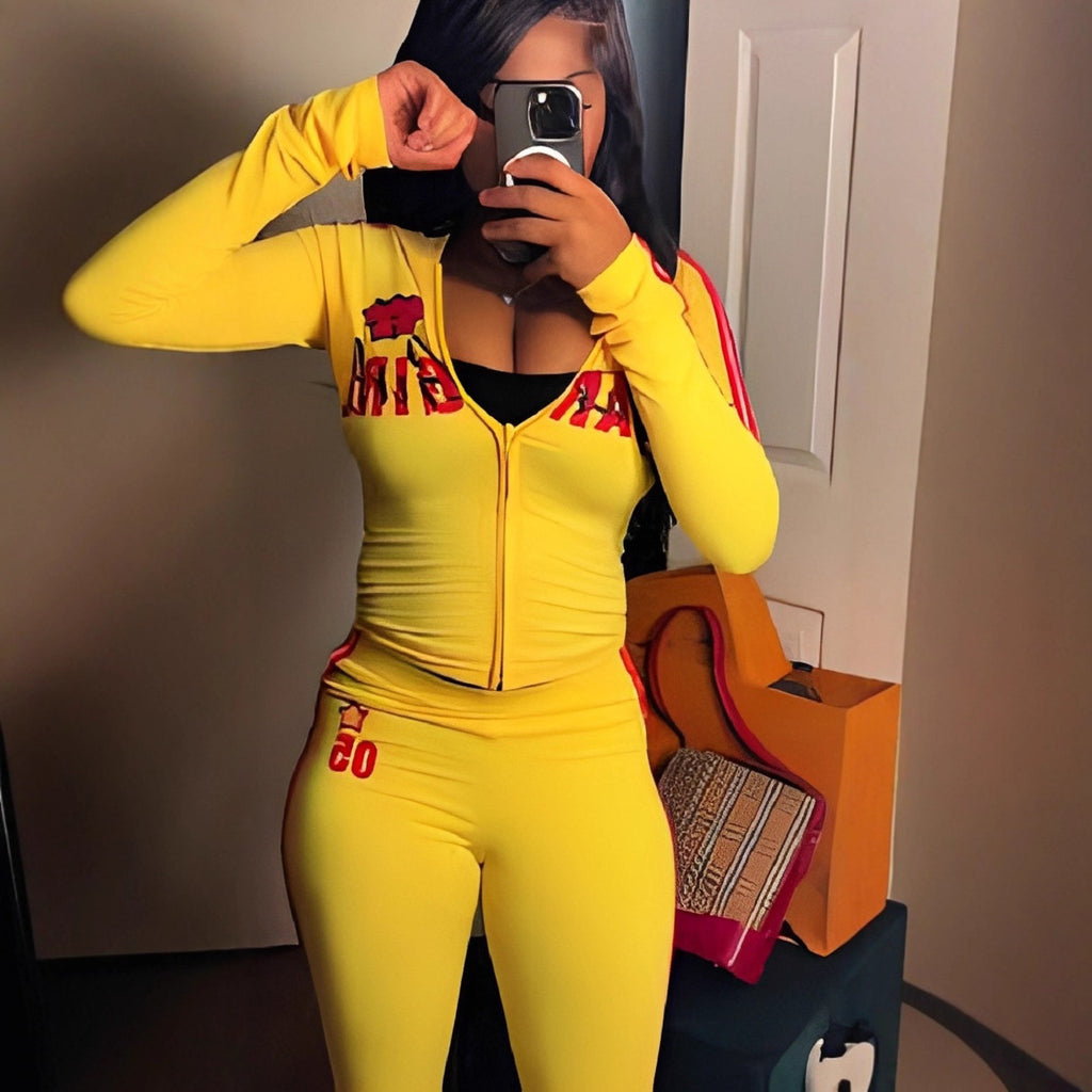 StarGirl Print Zip Up Hooded Crop Top Flare Pants 2 Piece Tracksuit Women