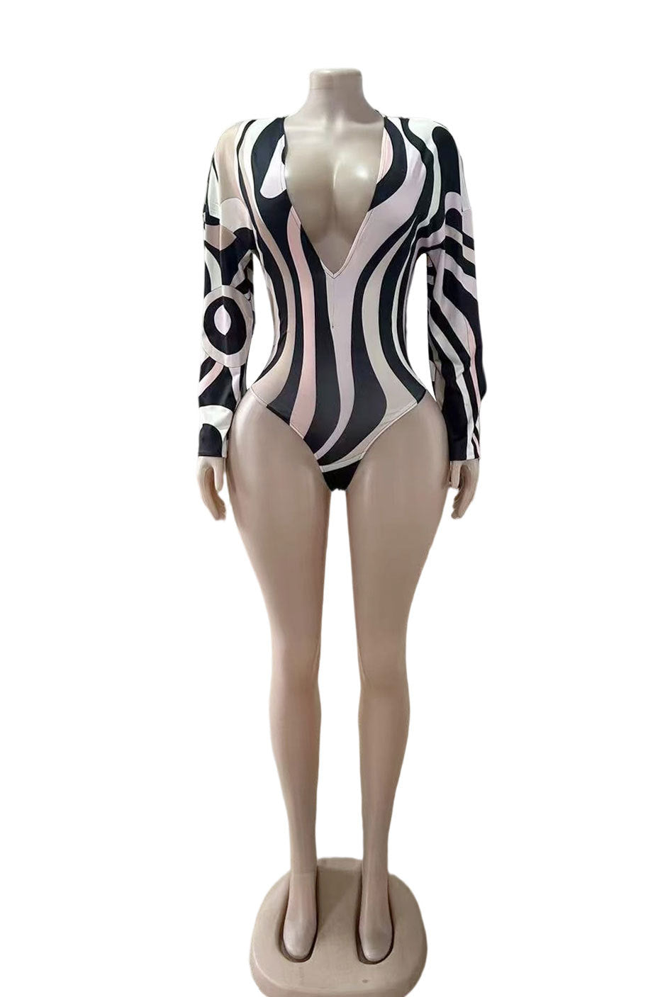 Y2K Abstract Swirl Print Deep V Long Sleeve Ruffle Short 2 Piece Set