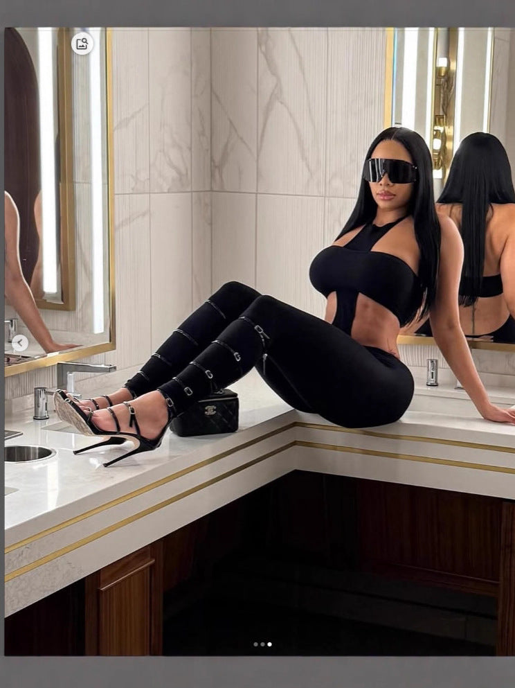 Cutout Halter Top High Waist Leggings 2 Piece Outfit Set