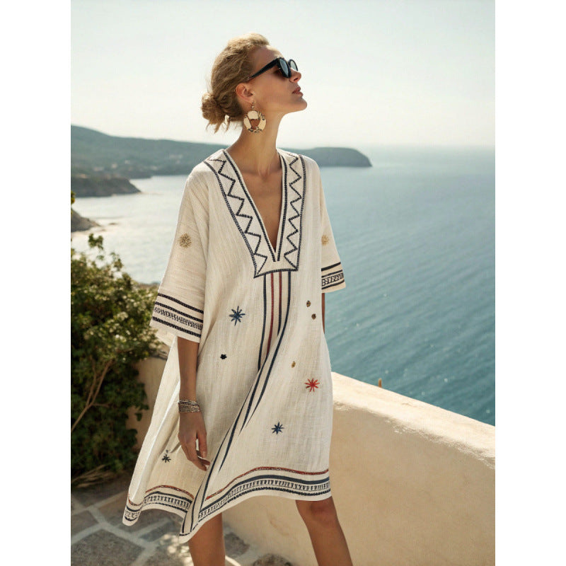 Women Boho Striped V Neck Loose Kaftan Midi Beach Dress