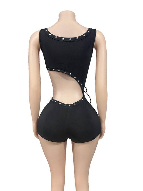 Eyelet Lace Up Cutout Sleeveless Romper Shorts
