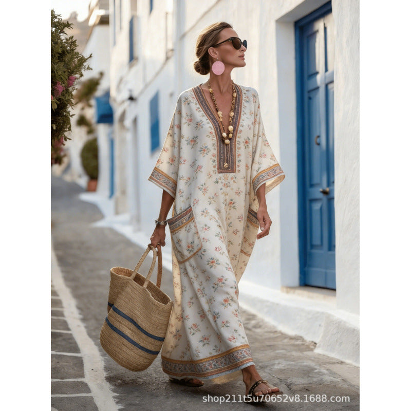 Women Boho Border Print V Neck Loose Kaftan Maxi Beach Dress
