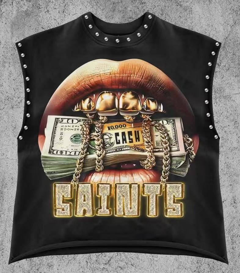 Vintage Letter Number Graphic Rivet Sleeveless Loose Vest Top Women