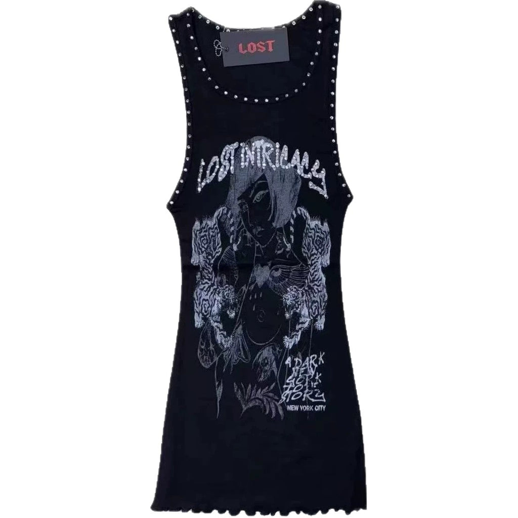 Lost Intricacy Graphic Rivet Tank Bodycon Mini Dress Women