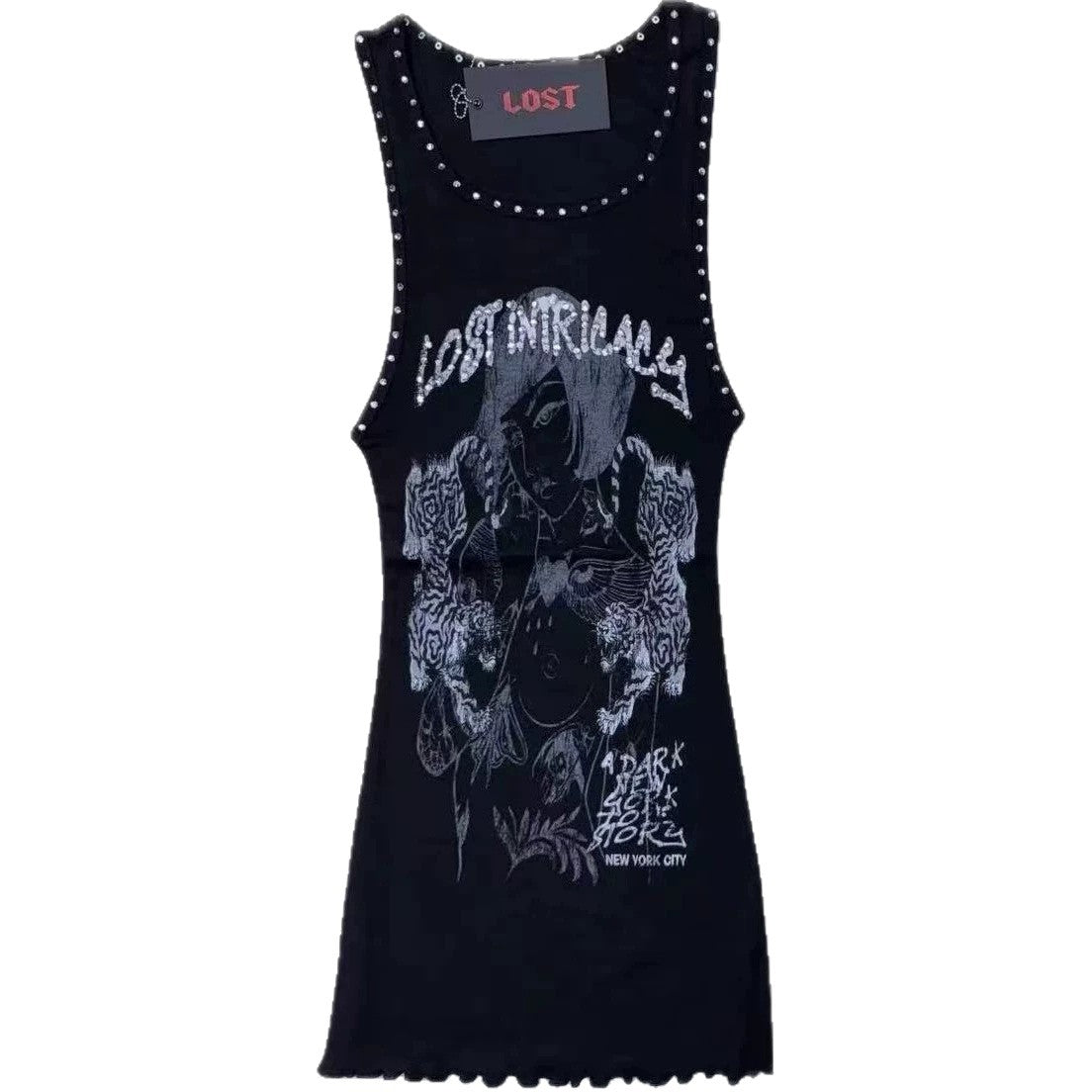 Lost Intricacy Graphic Rivet Tank Bodycon Mini Dress Women