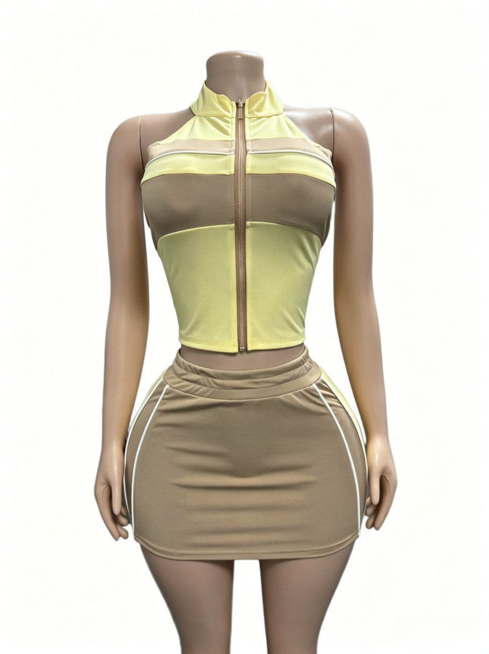Color Block Zip Front Halter Crop Top Mini Skirt 2 Piece Set Women