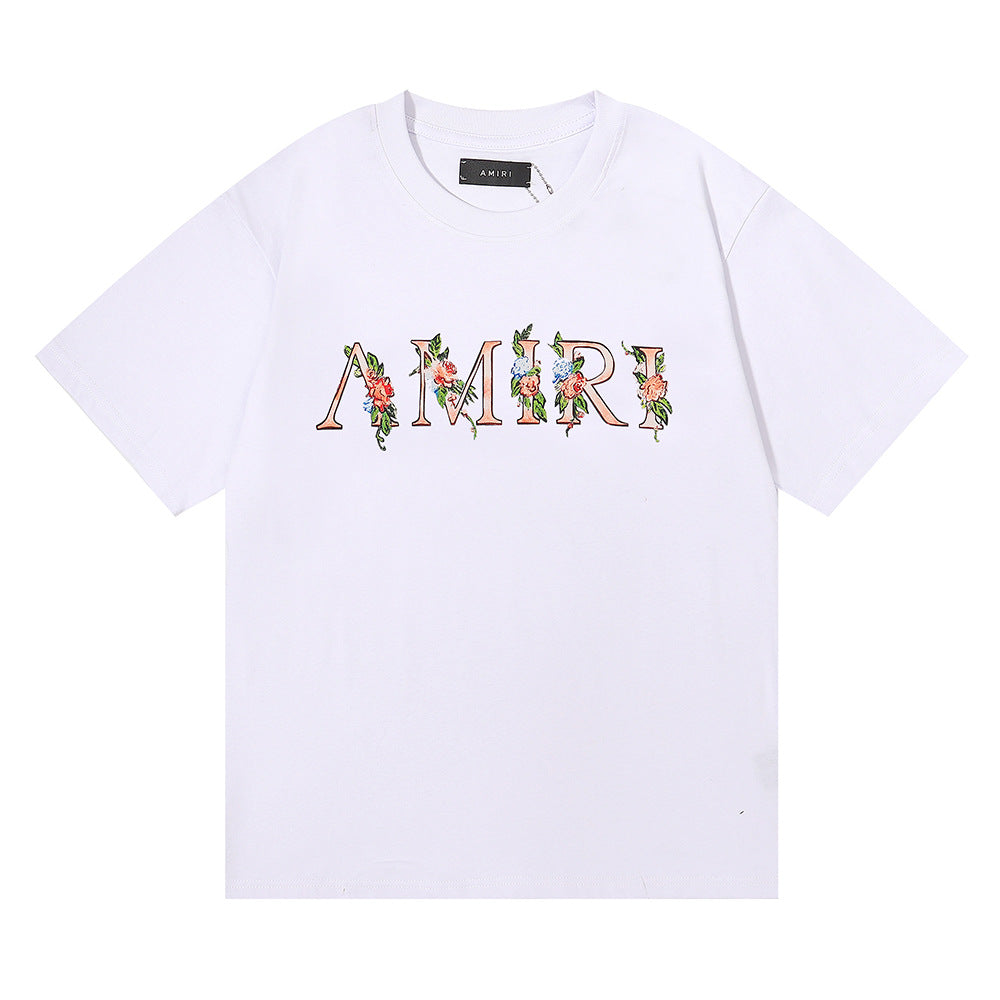 Amiri Rose Skull Letter Graphic Short Sleeve Tee Streetwear Unisex