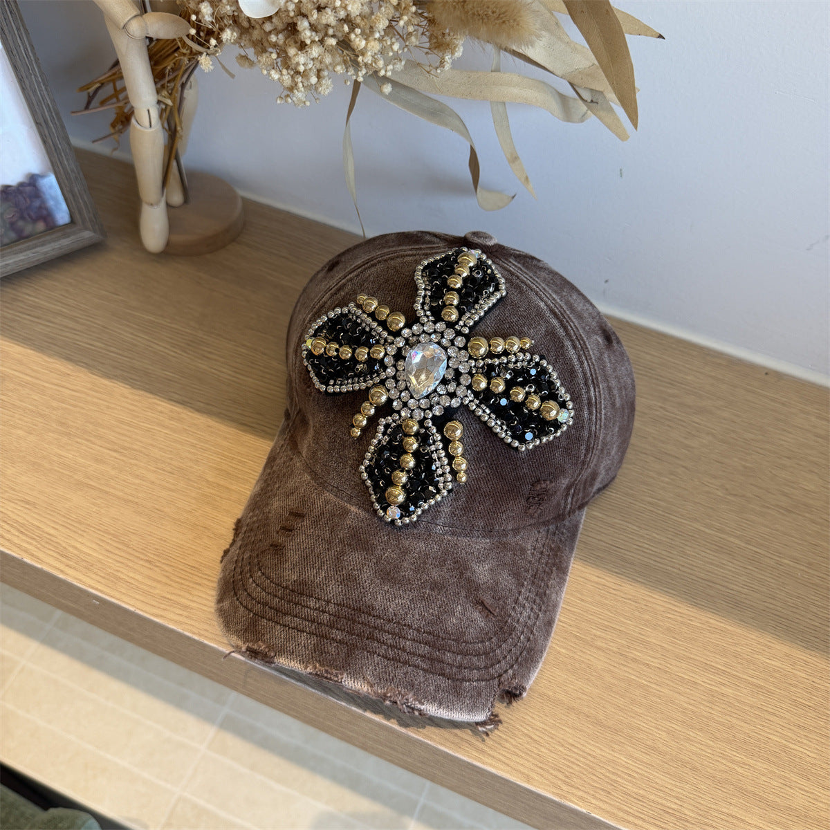 Rhinestone Cross Beaded Distressed Baseball Cap Streetwear Multi‑Style