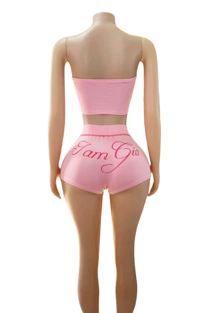 I.AM.GIA Stitch Letter Print Tube Top Biker Shorts 2 Piece Outfit Set
