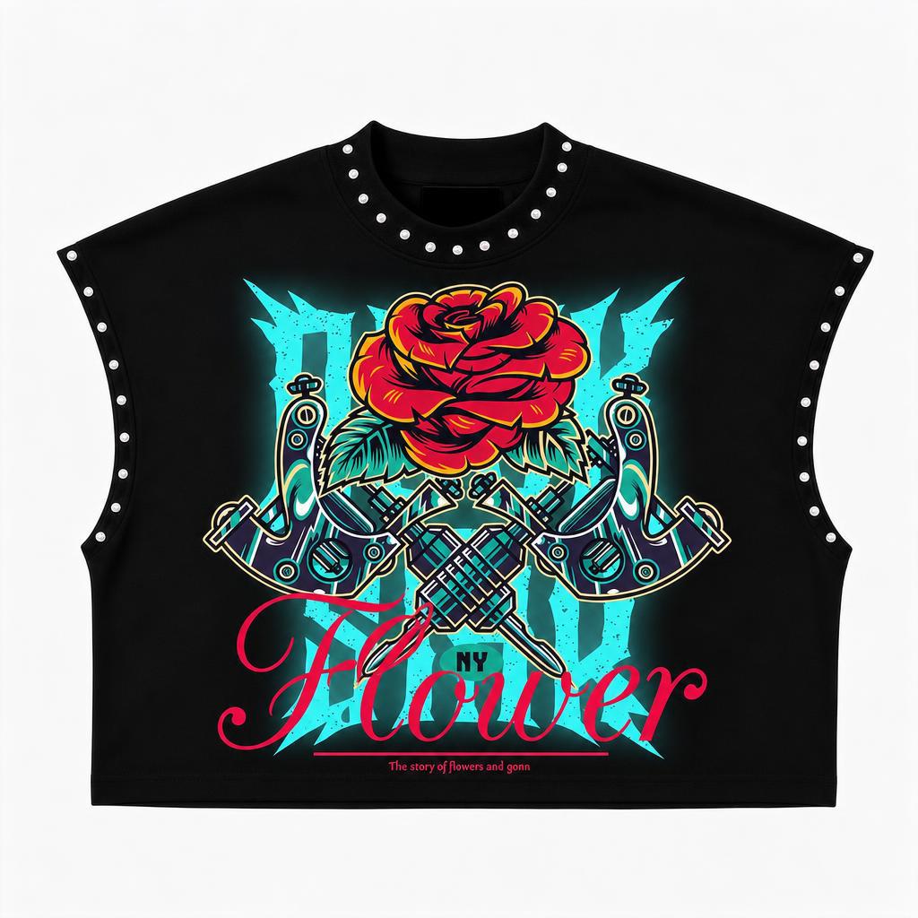 Rivet Decor Graphic Print Crew Neck Sleeveless Crop Tank Top Women