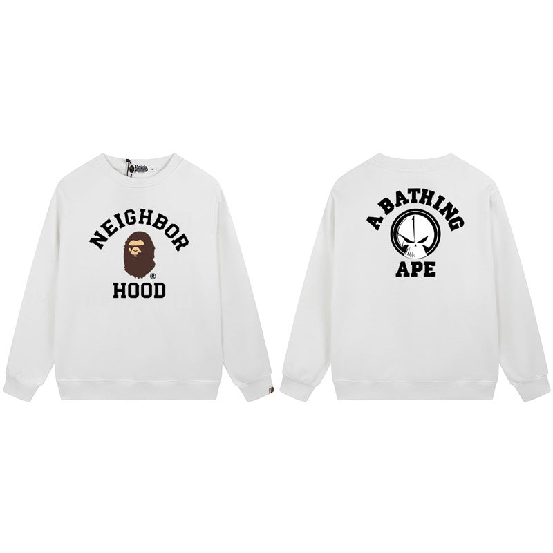 Bape Arch Letter Shark Ape Head Washed Oversized Crewneck Streetwear