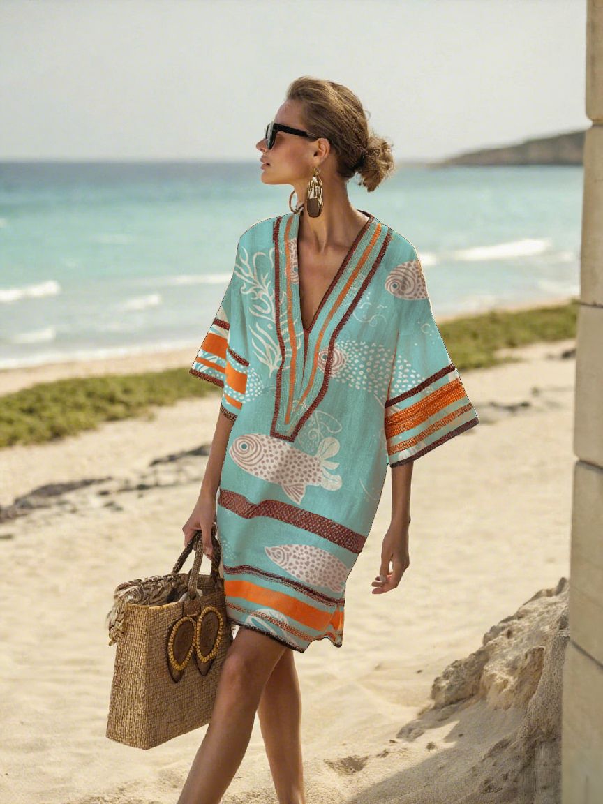 Women Boho Striped V Neck Loose Kaftan Midi Beach Dress