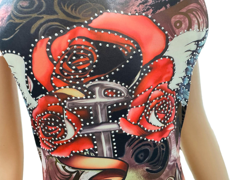 Vintage Tattoo Graphic Print Strapless Bodycon Mini Dress Women