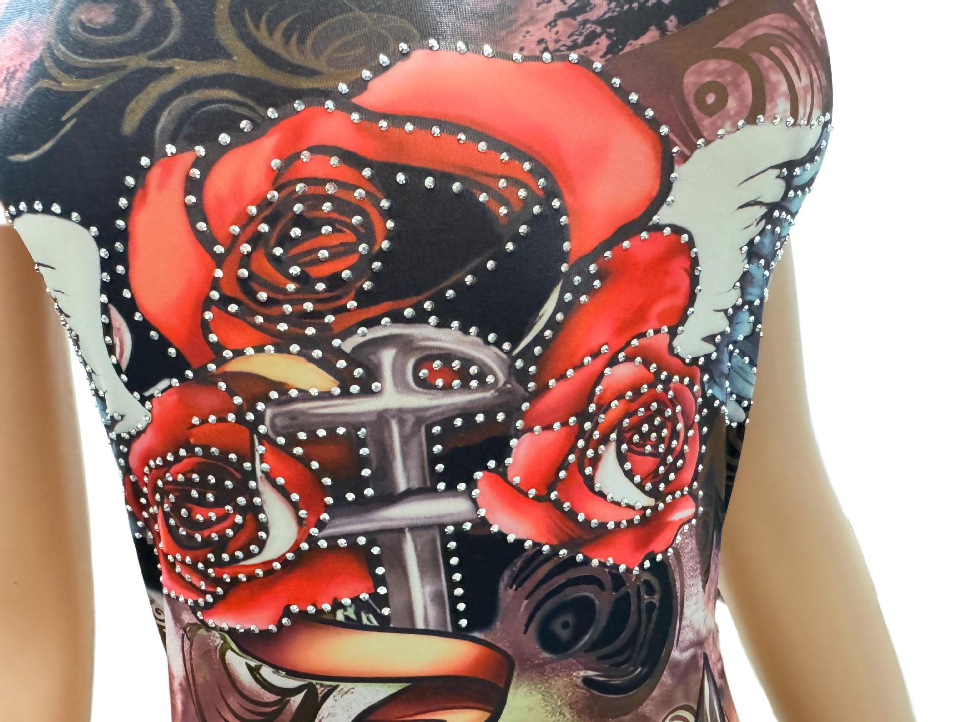 Vintage Tattoo Graphic Print Strapless Bodycon Mini Dress Women