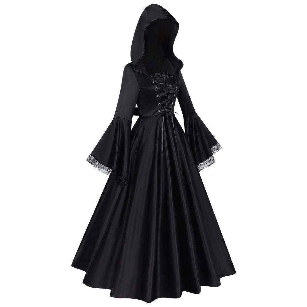 Halloween Women Medieval Gothic Hooded Witch Cosplay Long Dress